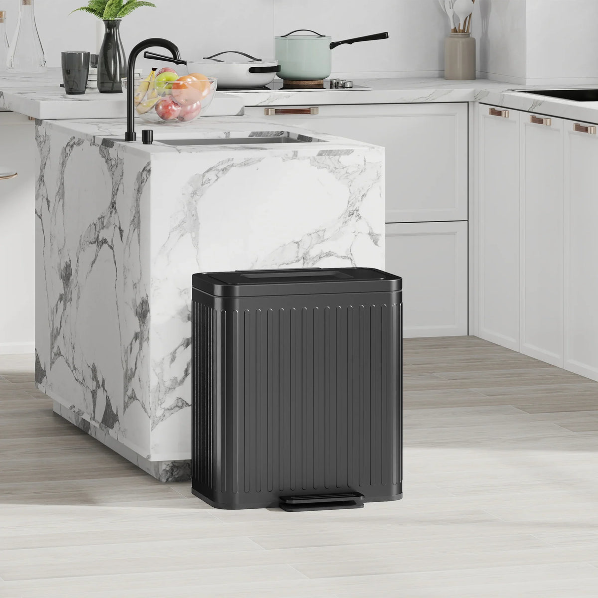 Black dual-compartment metal pedal bin with soft-close lid and foot pedal, compact