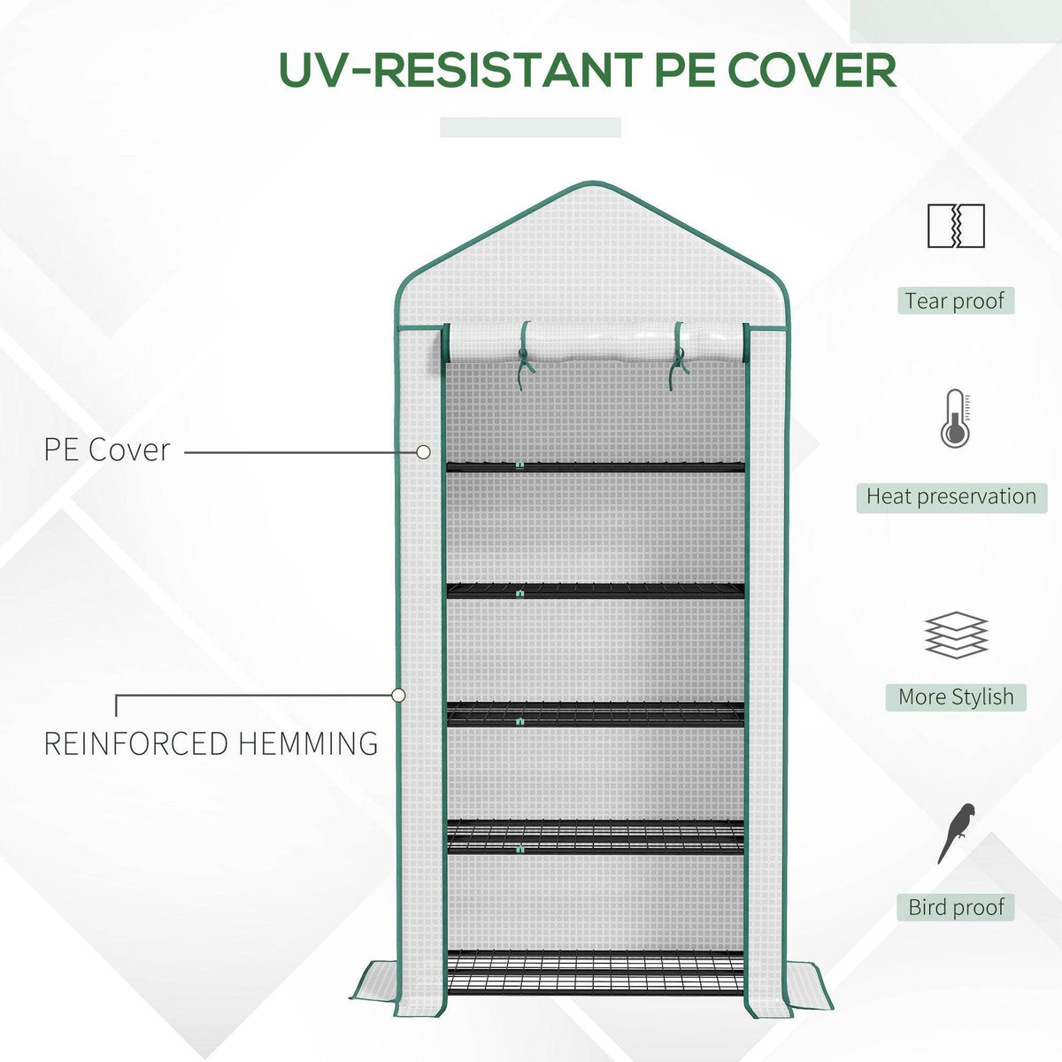 Mini greenhouse with UV-resistant PE cover on a white frame with reinforced hem edges