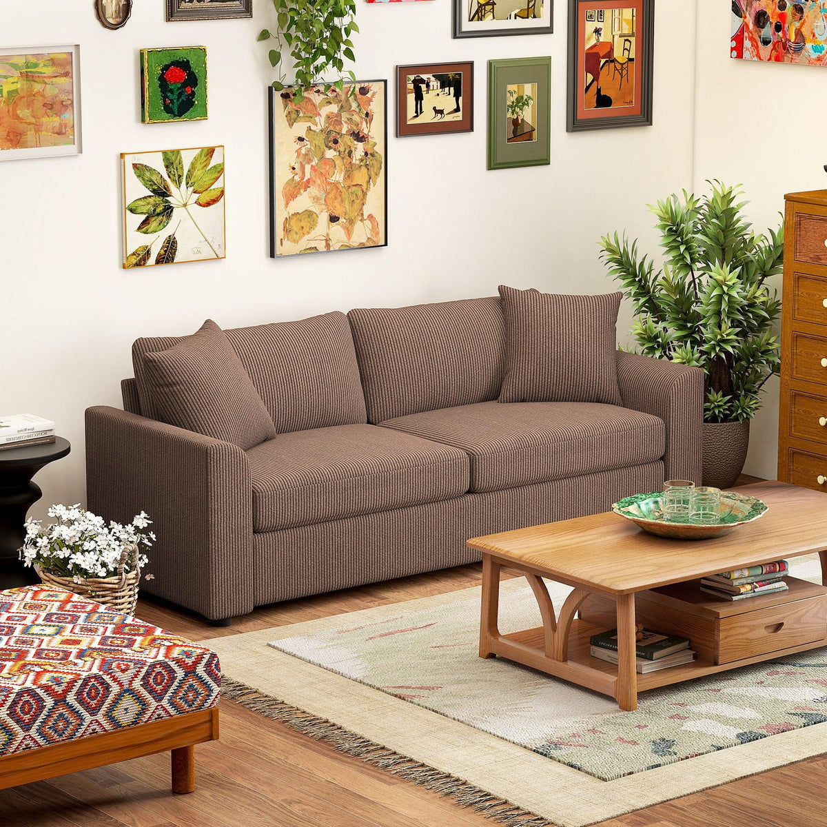 3-seat fabric jumbo corduroy sofa in brown with three scatter cushions