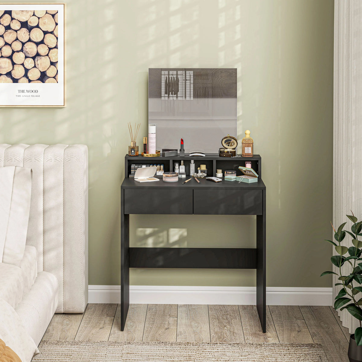 Black vanity dressing table with mirror and two front doors over open shelf storage