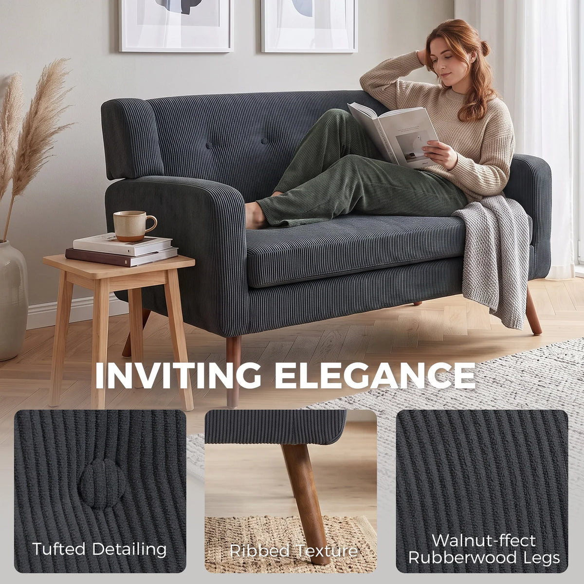 Gray corduroy loveseat with tufted back and rolled arms, wooden legs
