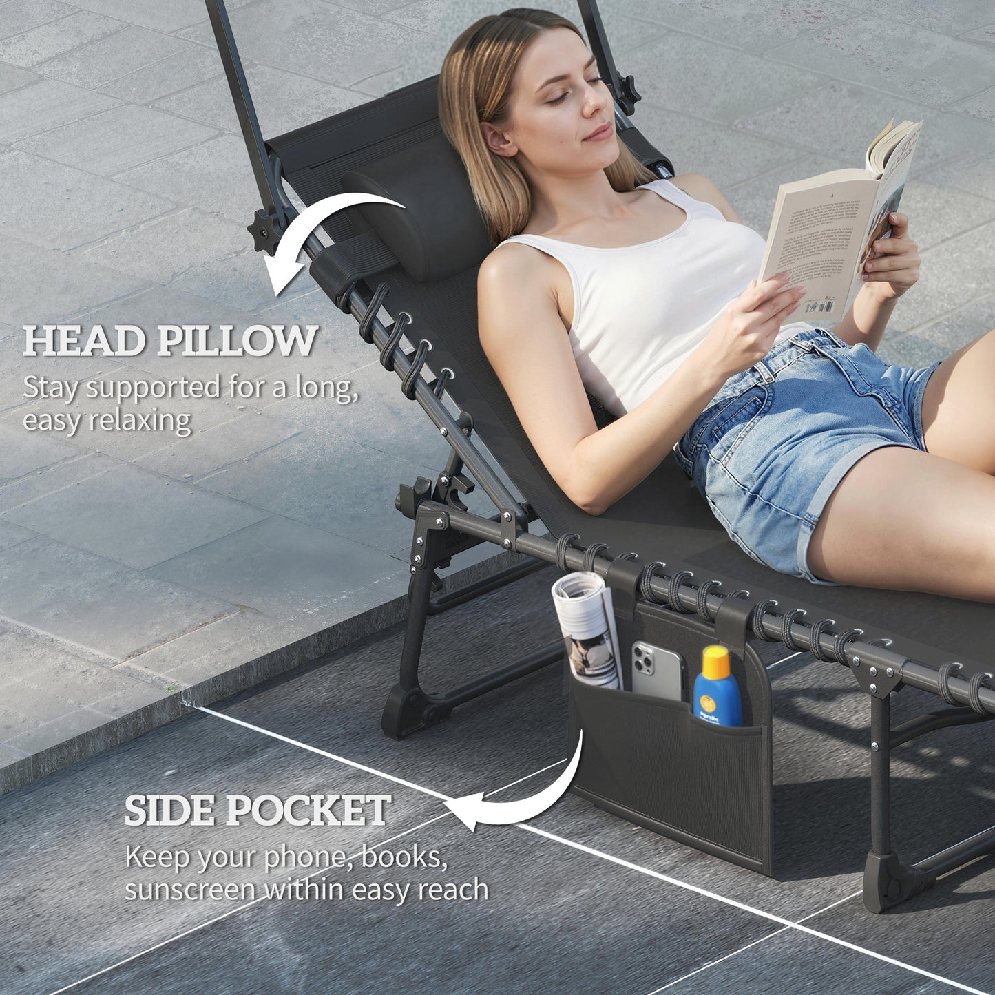 Outsunny Folding Sun Loungers Set Of 2 With Canopy Reclining Sunbed With Cushion Side Pocket Carrying Handle Dark Blue