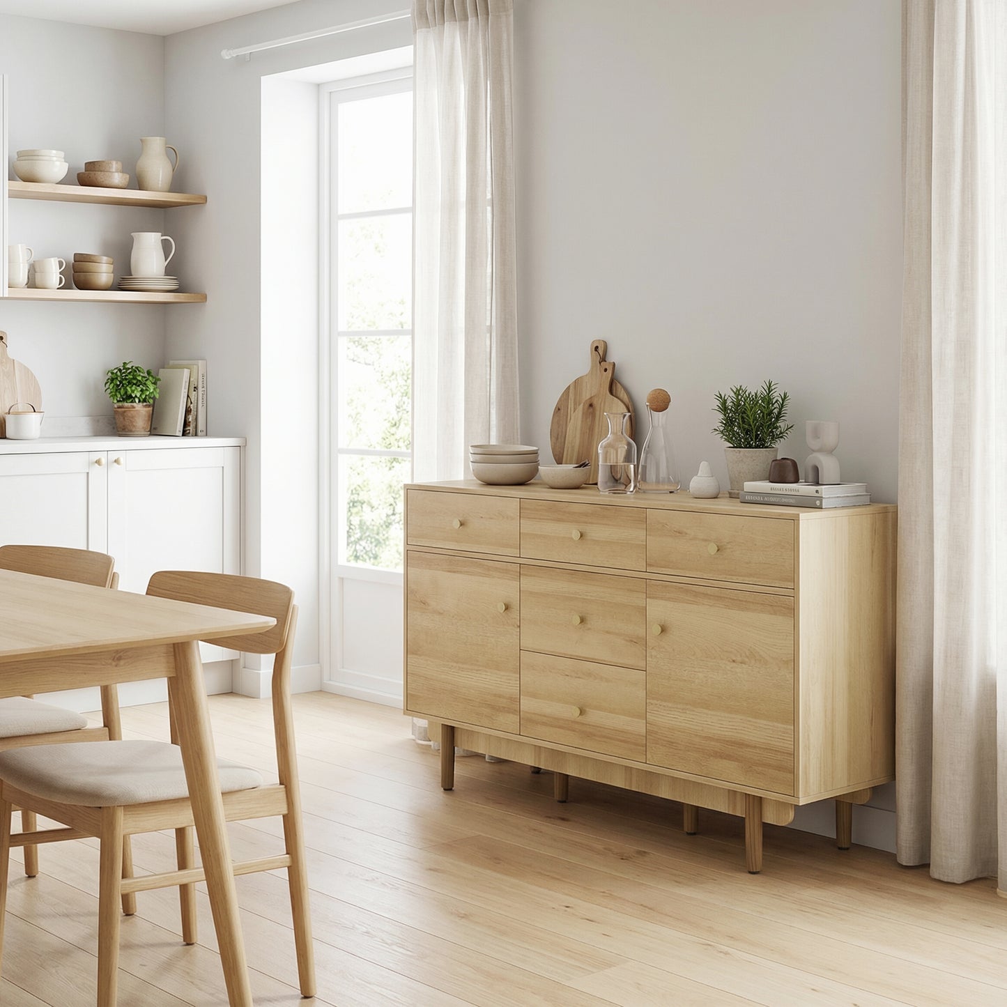 HOMCOM Walnut Sideboard With Five Drawers And Two Cabinets Solid Wood Legs 136 cm Buffet