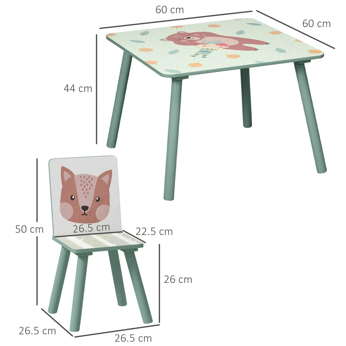 Kids table and chair set with green legs and printed animal tabletop tops
