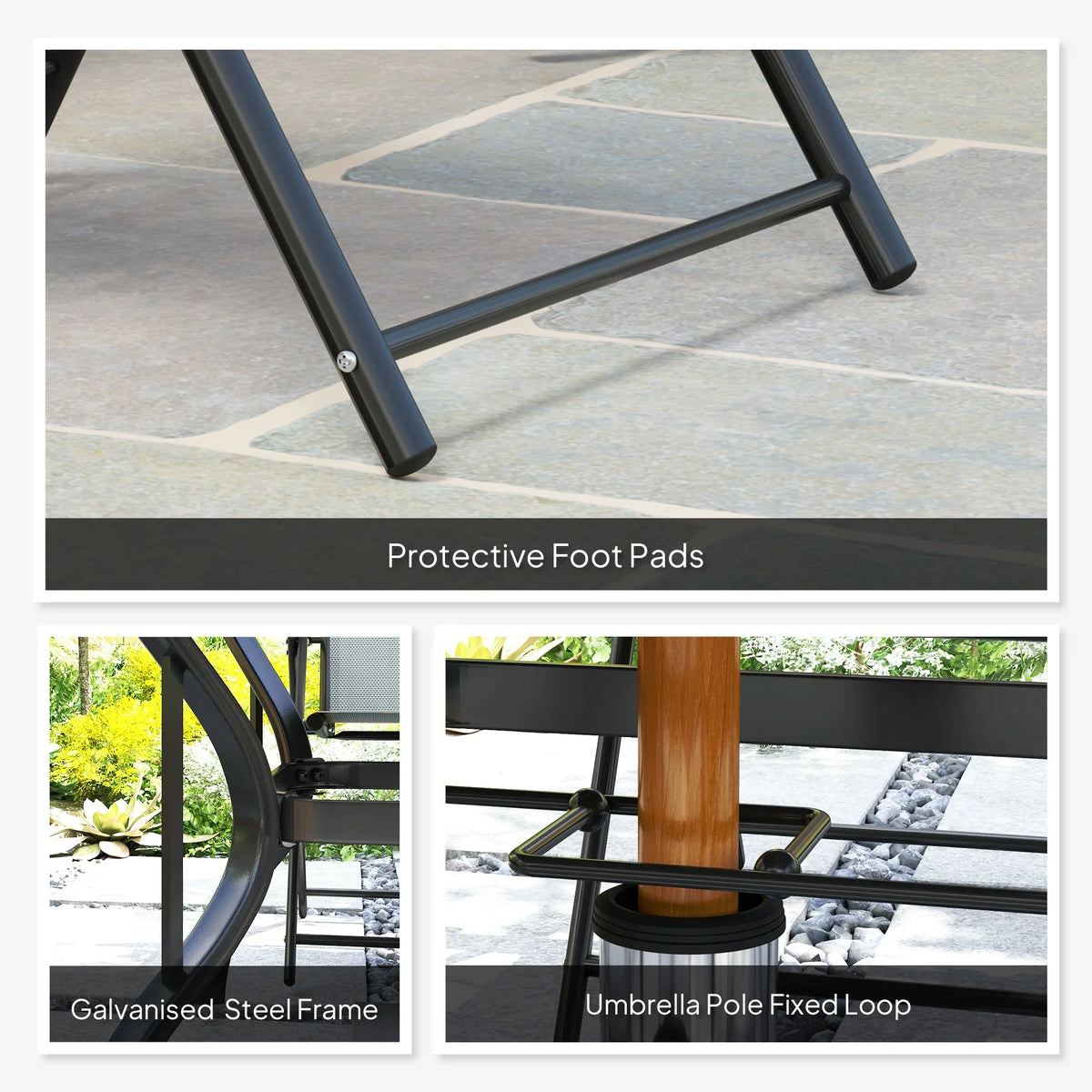 Black steel chair frame details with protective foot pads and umbrella pole fixed loop