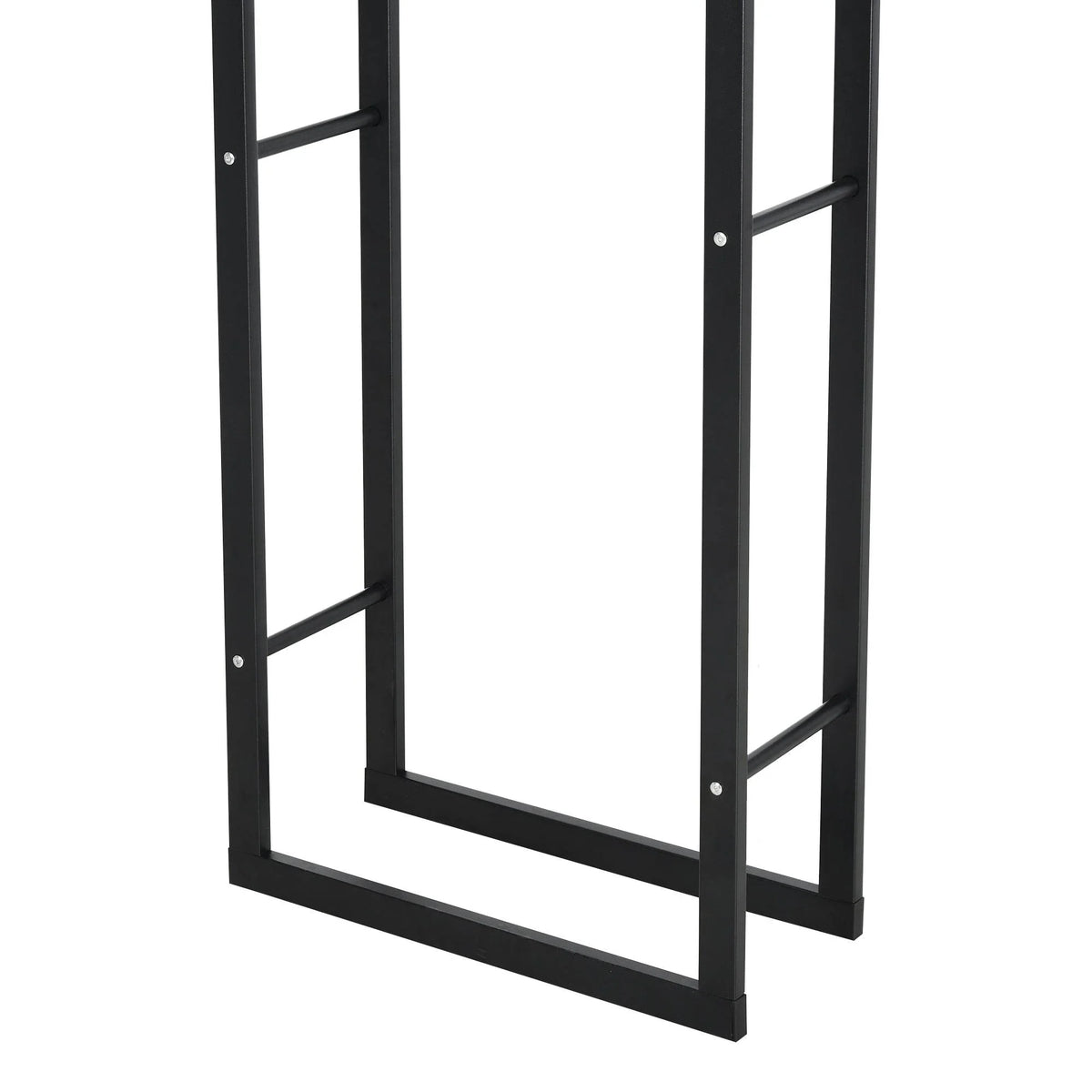 Black metal log rack stand with open bottom frame and cross support bars