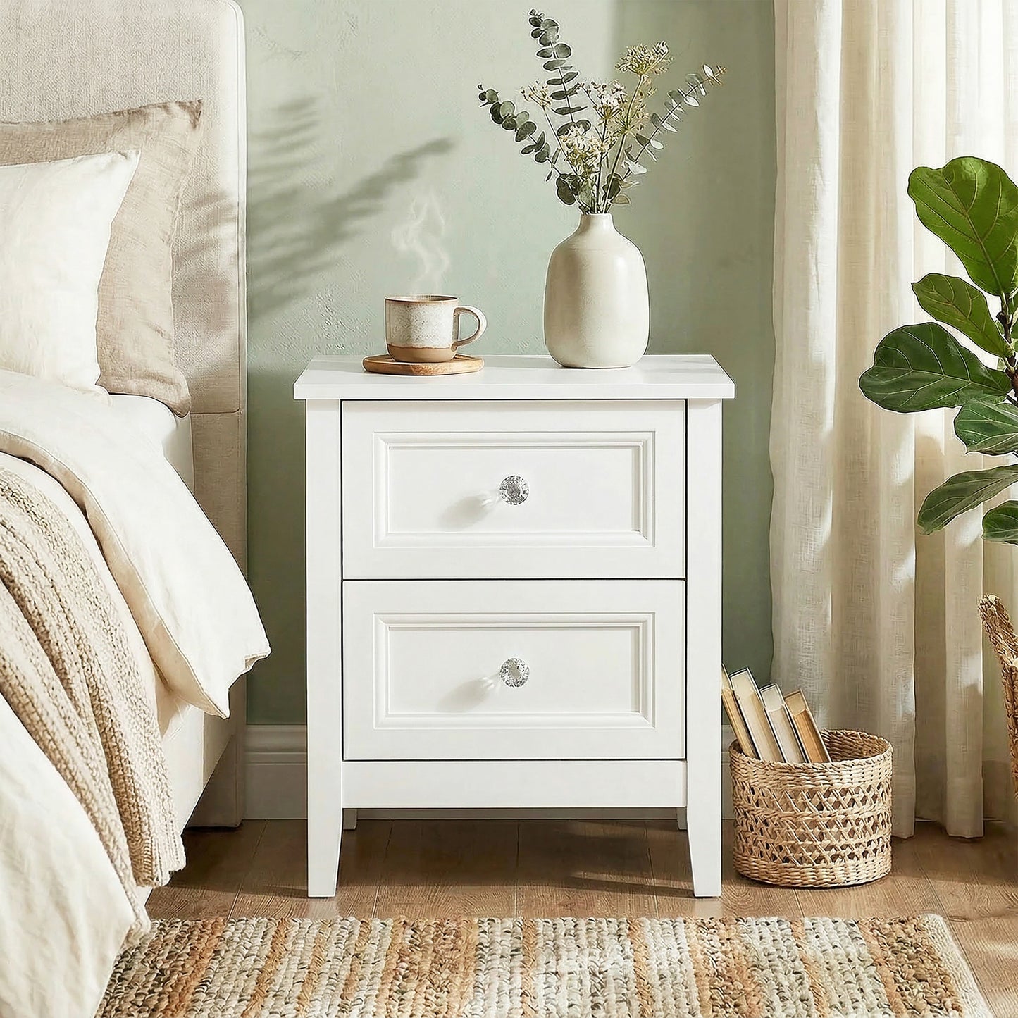 HOMCOM Nightstand With 2 Drawers Modern Bedside Table White MDF Frame Crystal Handles For Bedroom Living Room