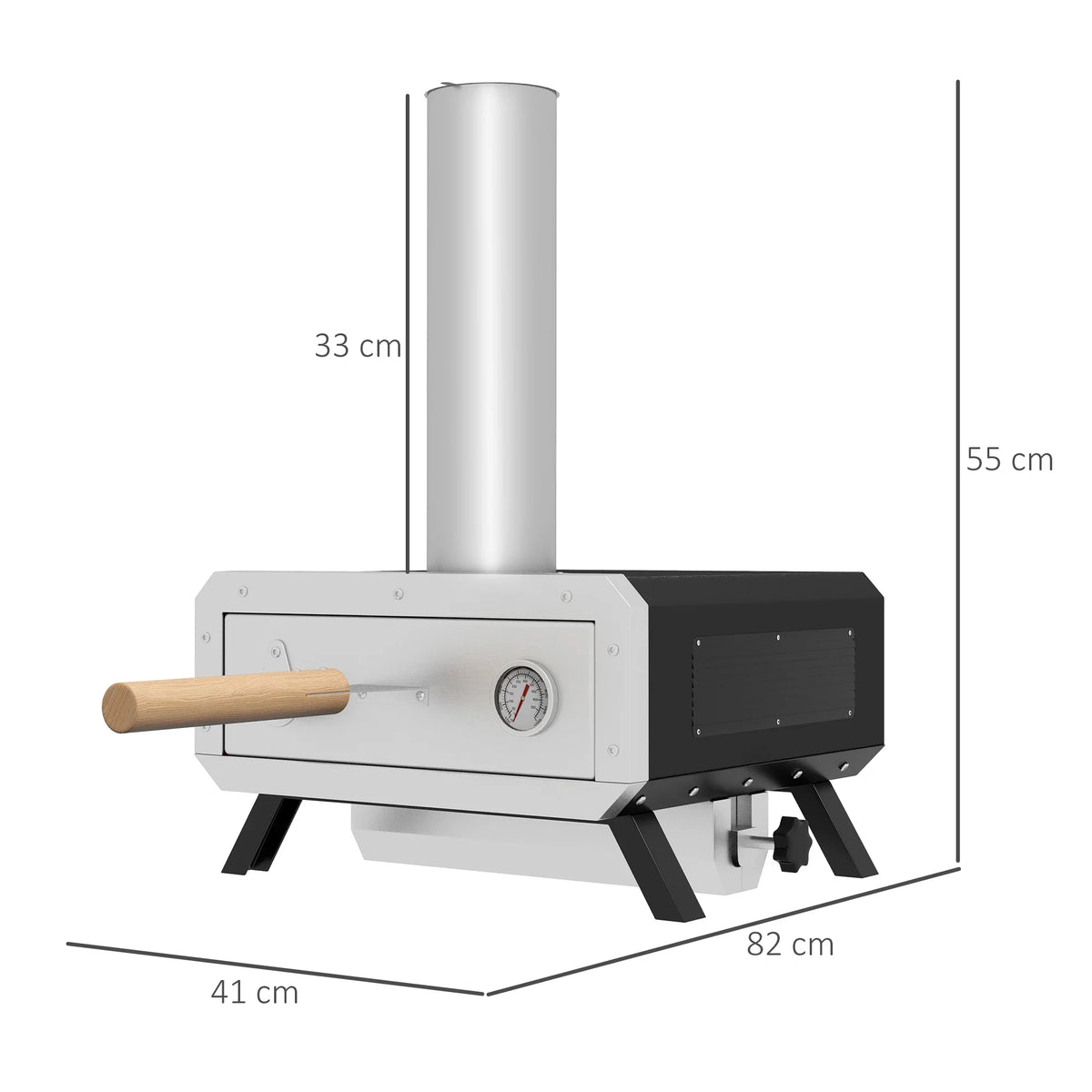 Portable wood-fired pizza oven with 12-inch stone, shown with size dimensions