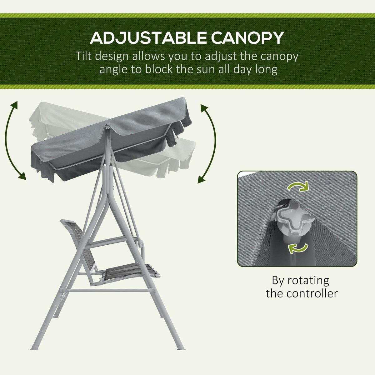 Light gray adjustable canopy 3-seat swing chair with metal frame
