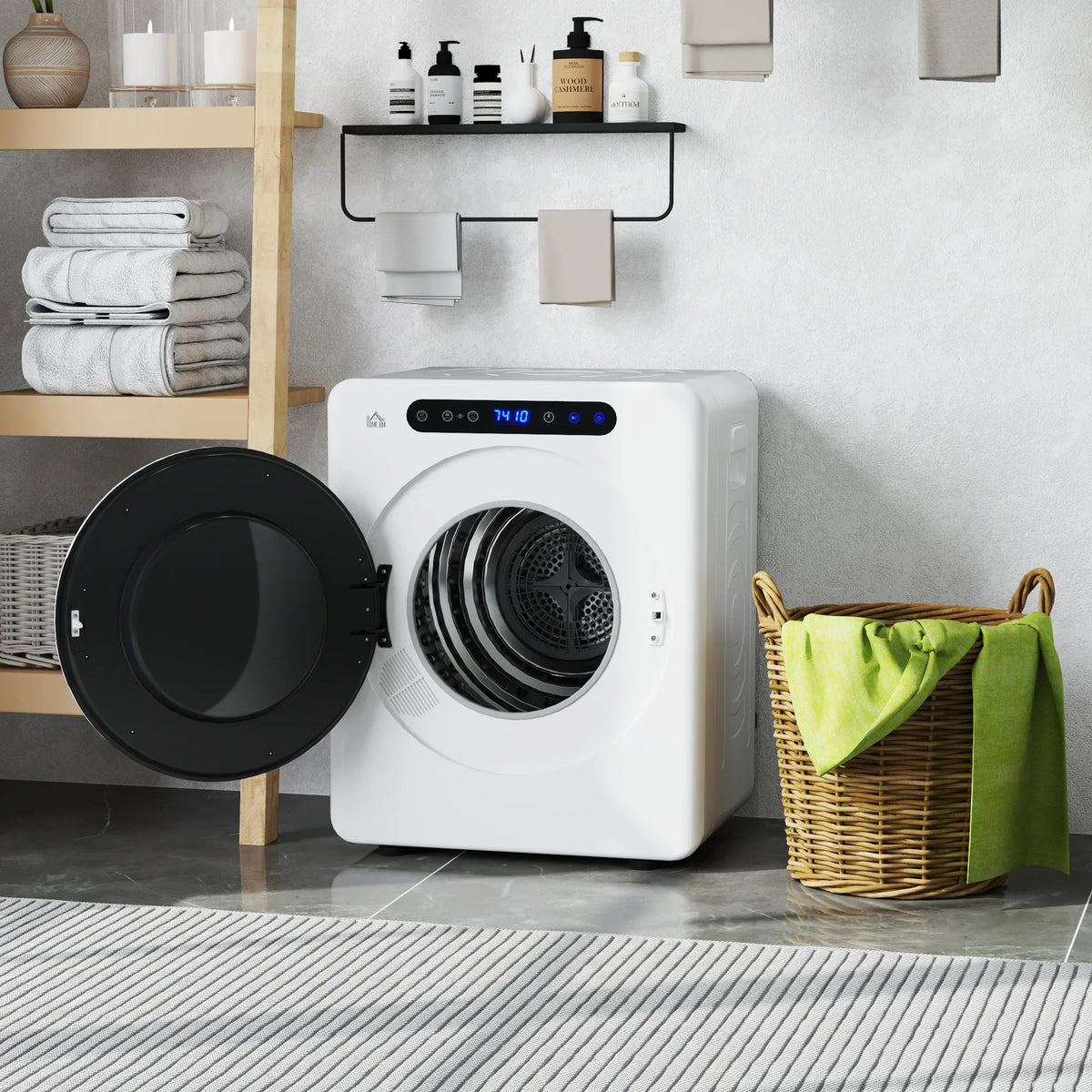 White compact tumble dryer with open door and visible front drum opening
