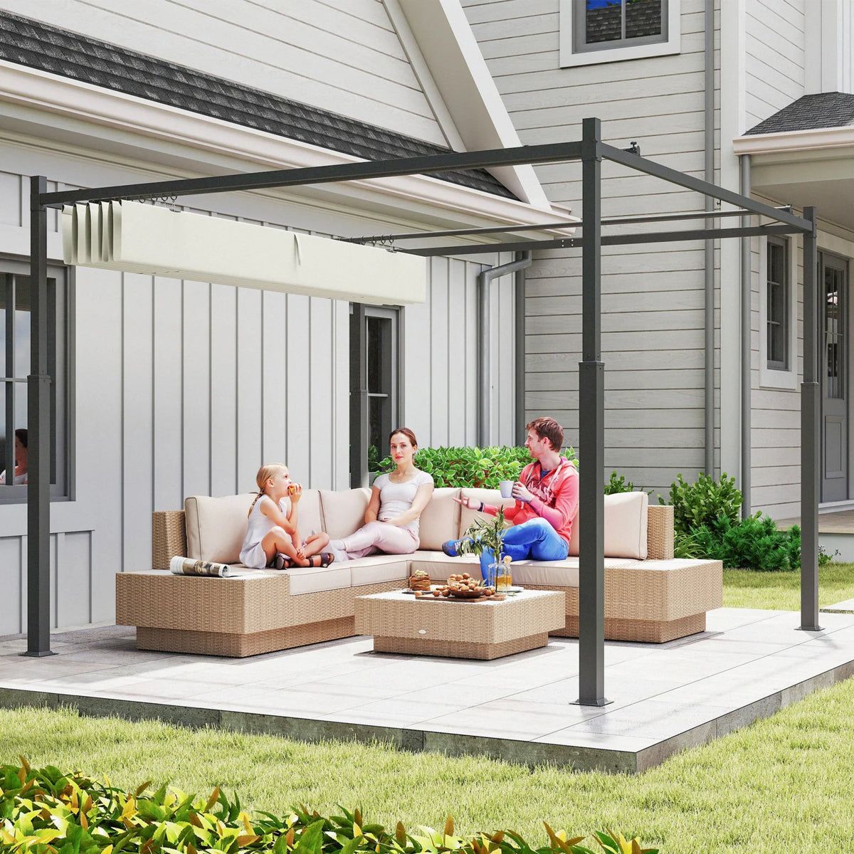 Cream white metal pergola over outdoor lounge seating with retractable canopy roof