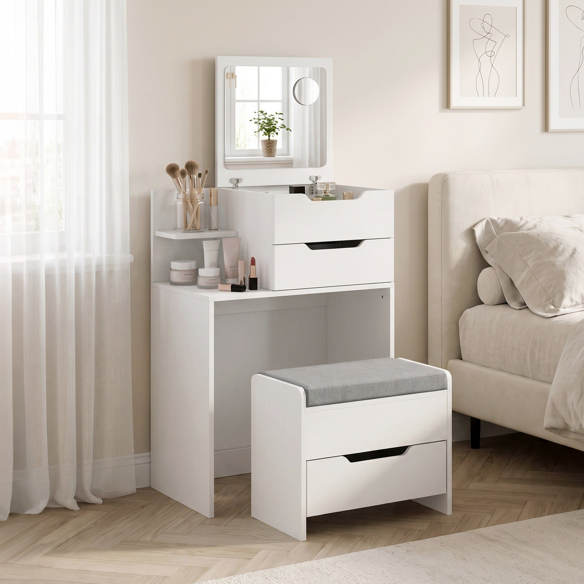 White vanity desk with flip-top mirror and gray padded stool with drawers.