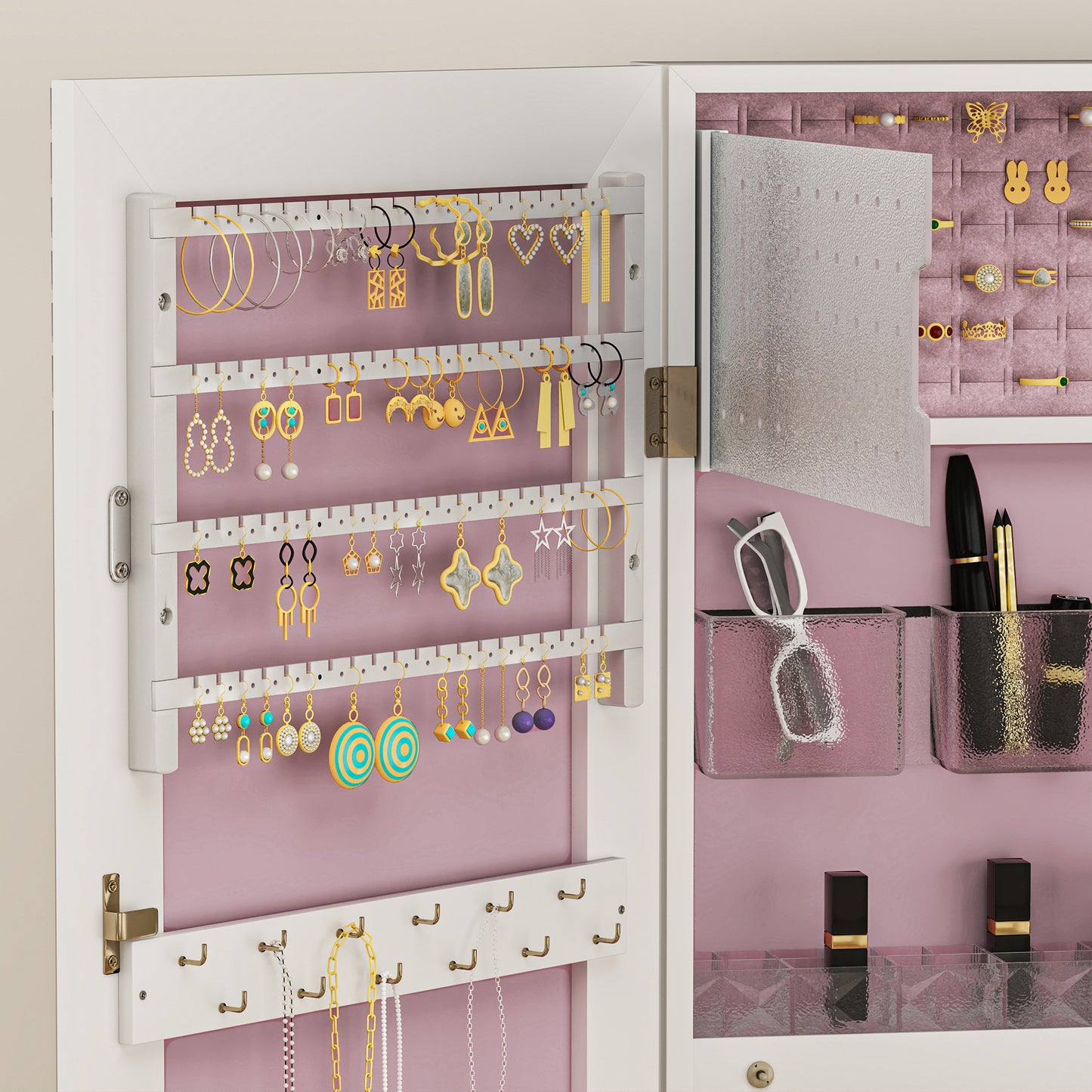 HOMCOM Lockable Jewellery Cabinet With LED Lights Mirror 108 x 37 cm White Surface Pink Lining
