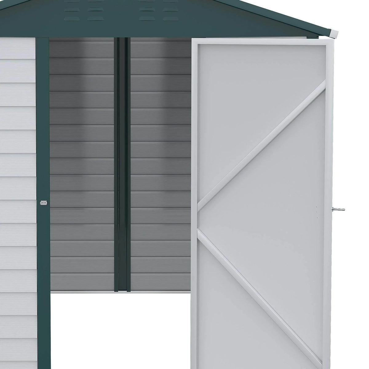 Green metal shed with partially open front door and diagonal brace panel