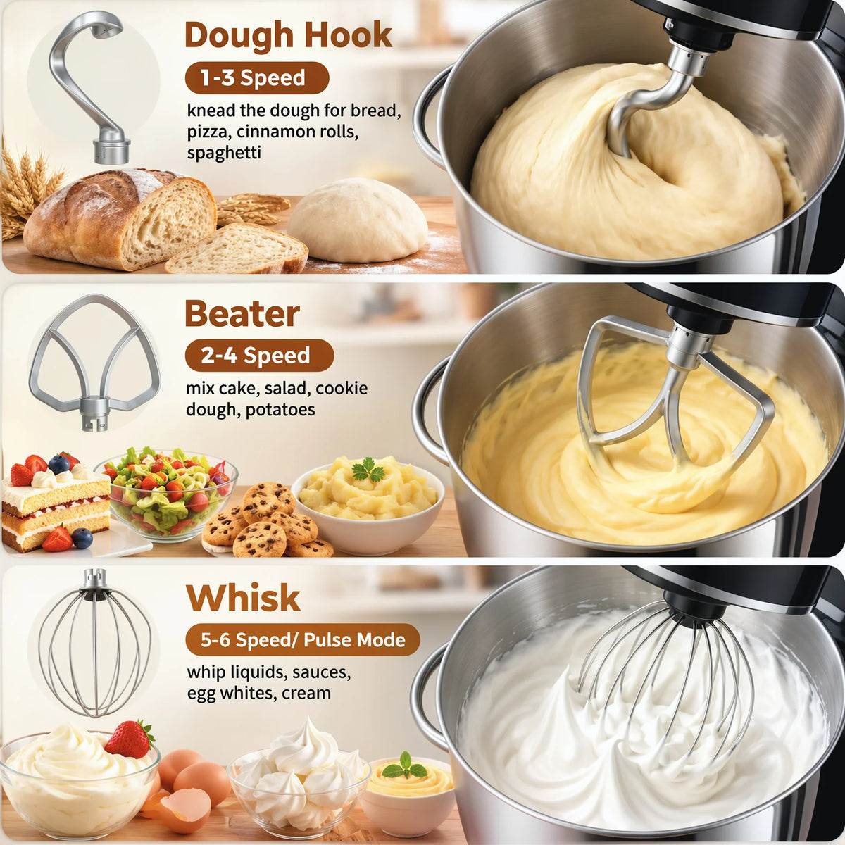 Stand mixer with dough hook and beater attachments over stainless mixing bowl