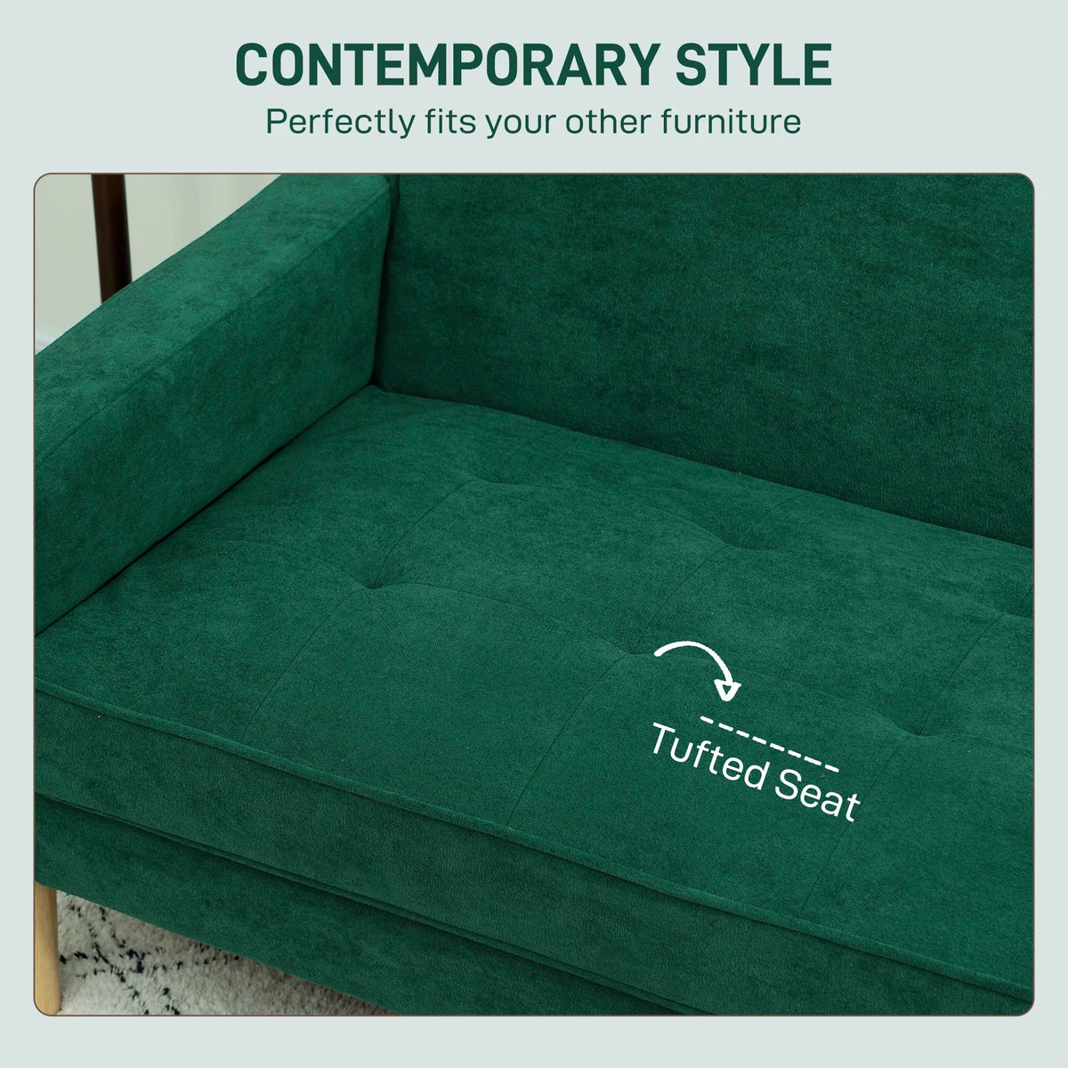 Green velvet two-seater sofa with tufted seat and supportive backrest