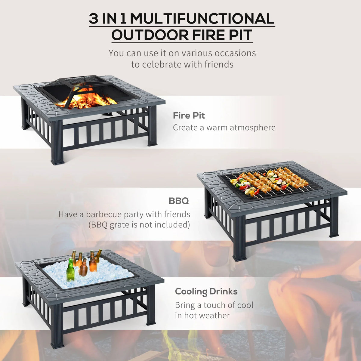Outdoor square fire pit set with black metal frame and mesh lid, multi-use design