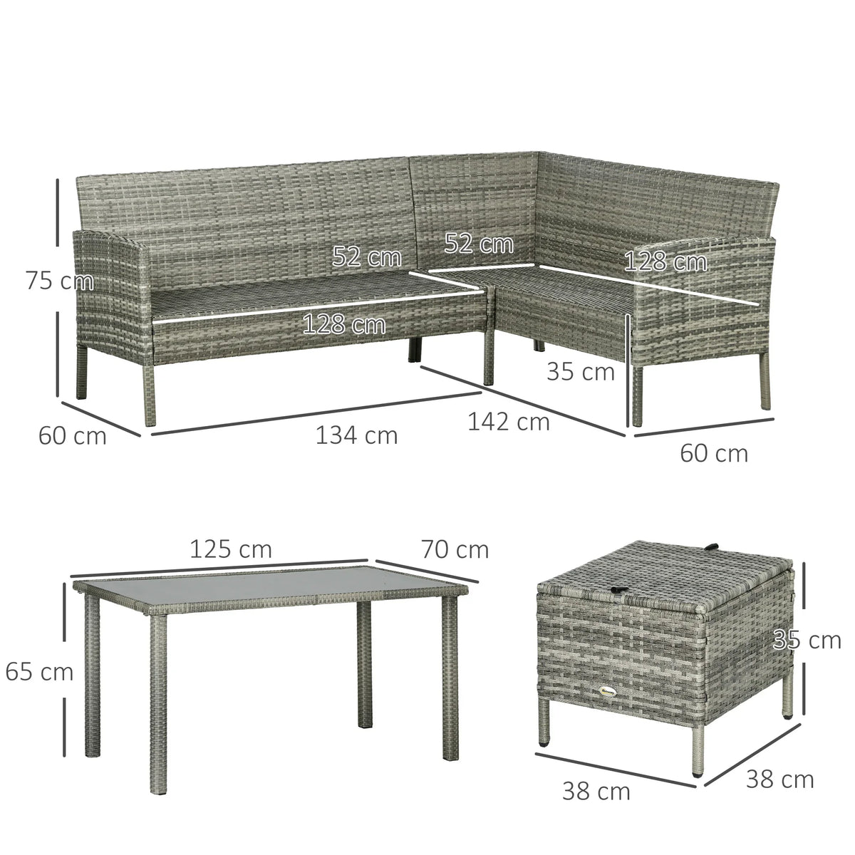 Rattan patio furniture set size diagram: sofa, table and ottoman dimensions
