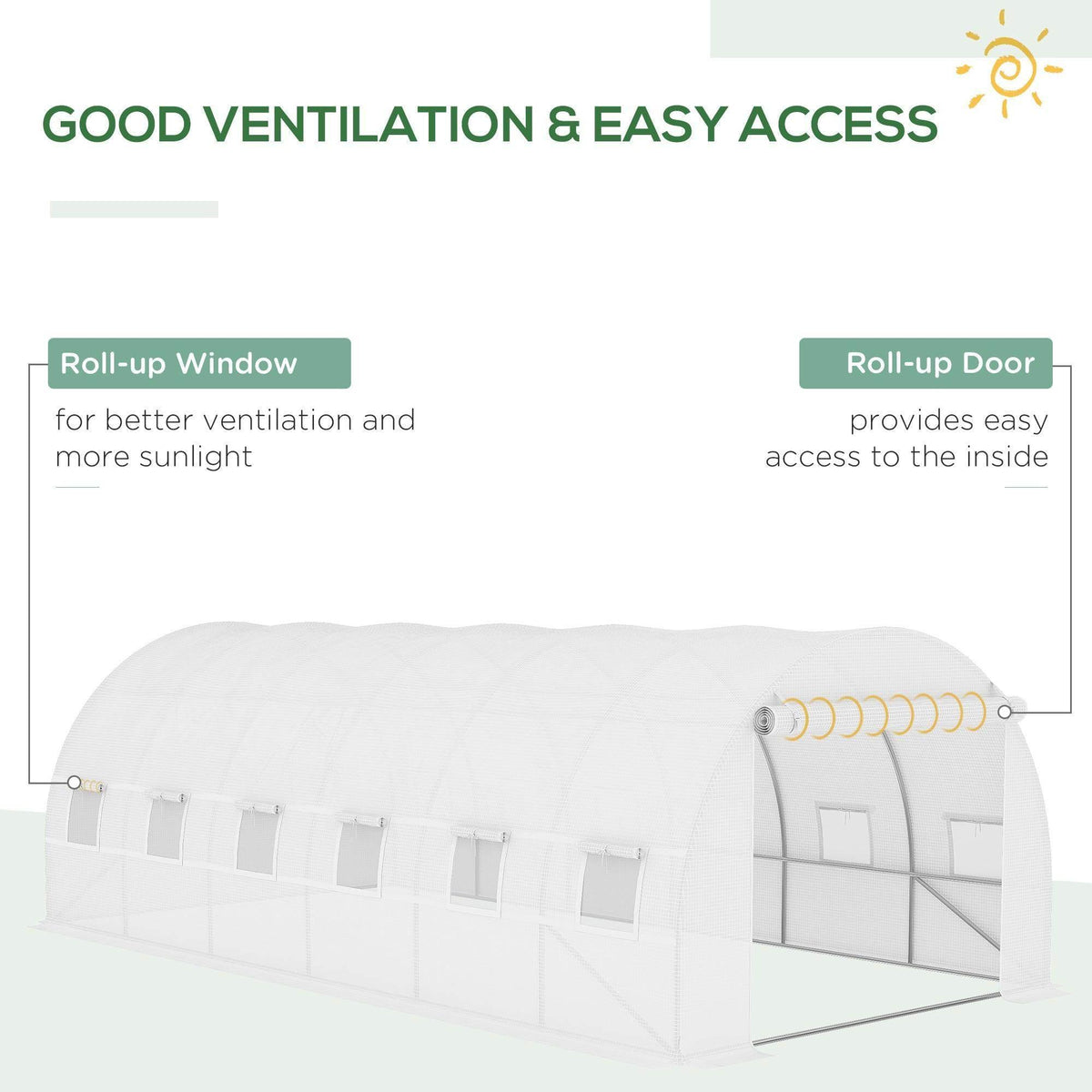 White greenhouse PE cover featuring roll-up window and roll-up door for access