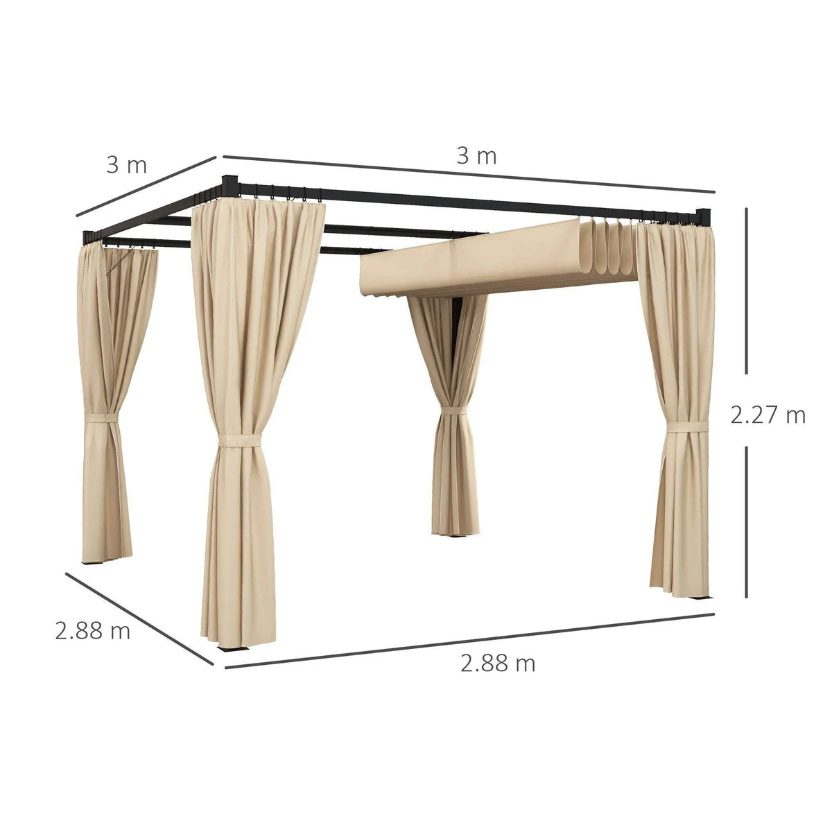 Retractable pergola size diagram with beige curtains and black frame, 3 m x 2.88 m