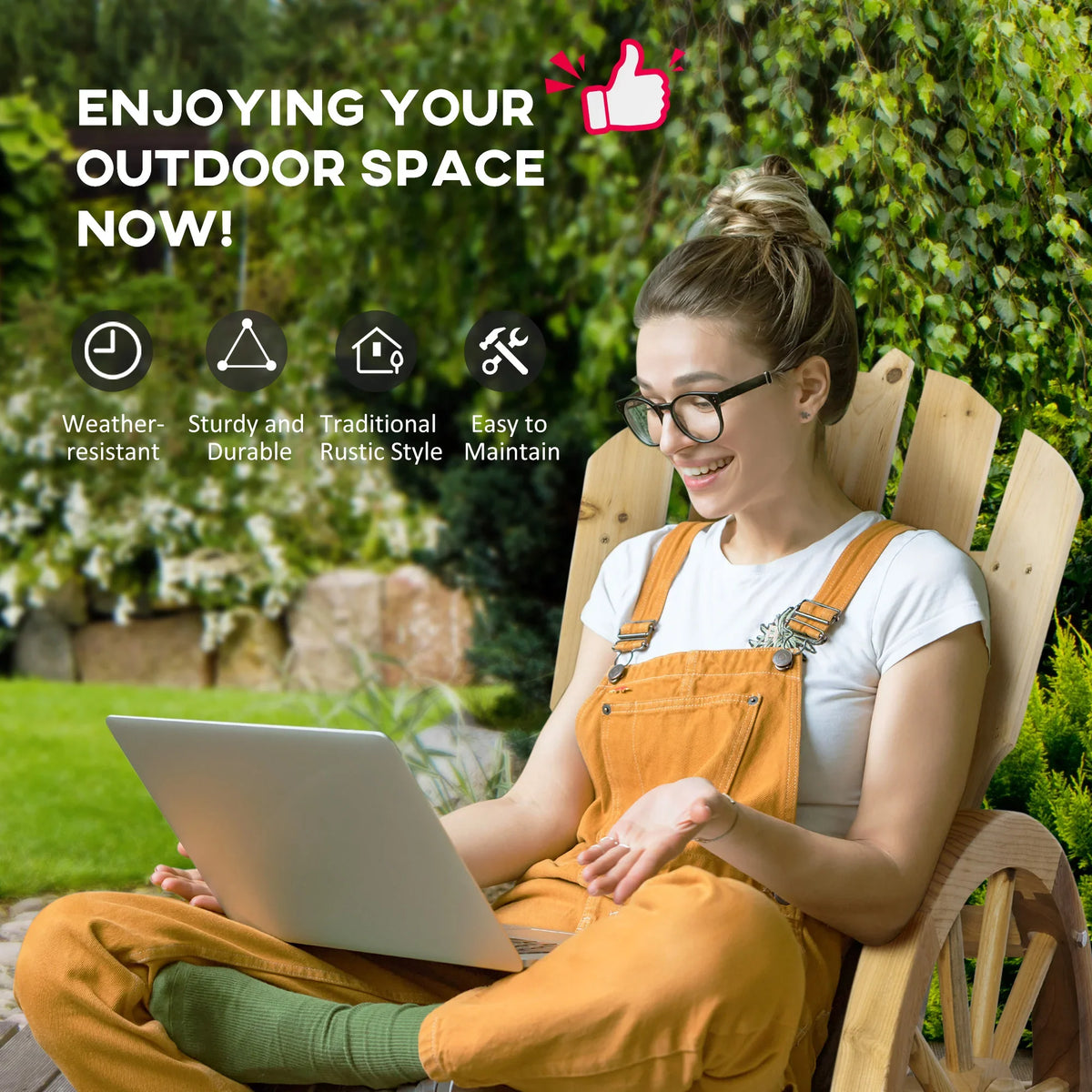 Light wood Adirondack rocking chair with wide armrests and slatted backrest