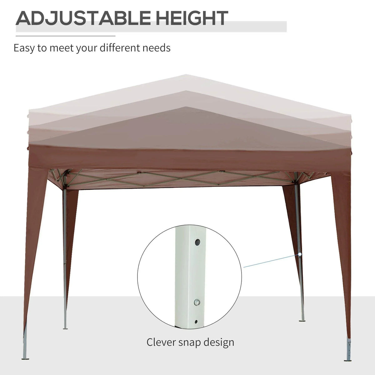 Coffee-brown pop-up gazebo with adjustable legs and snap-style corner connection