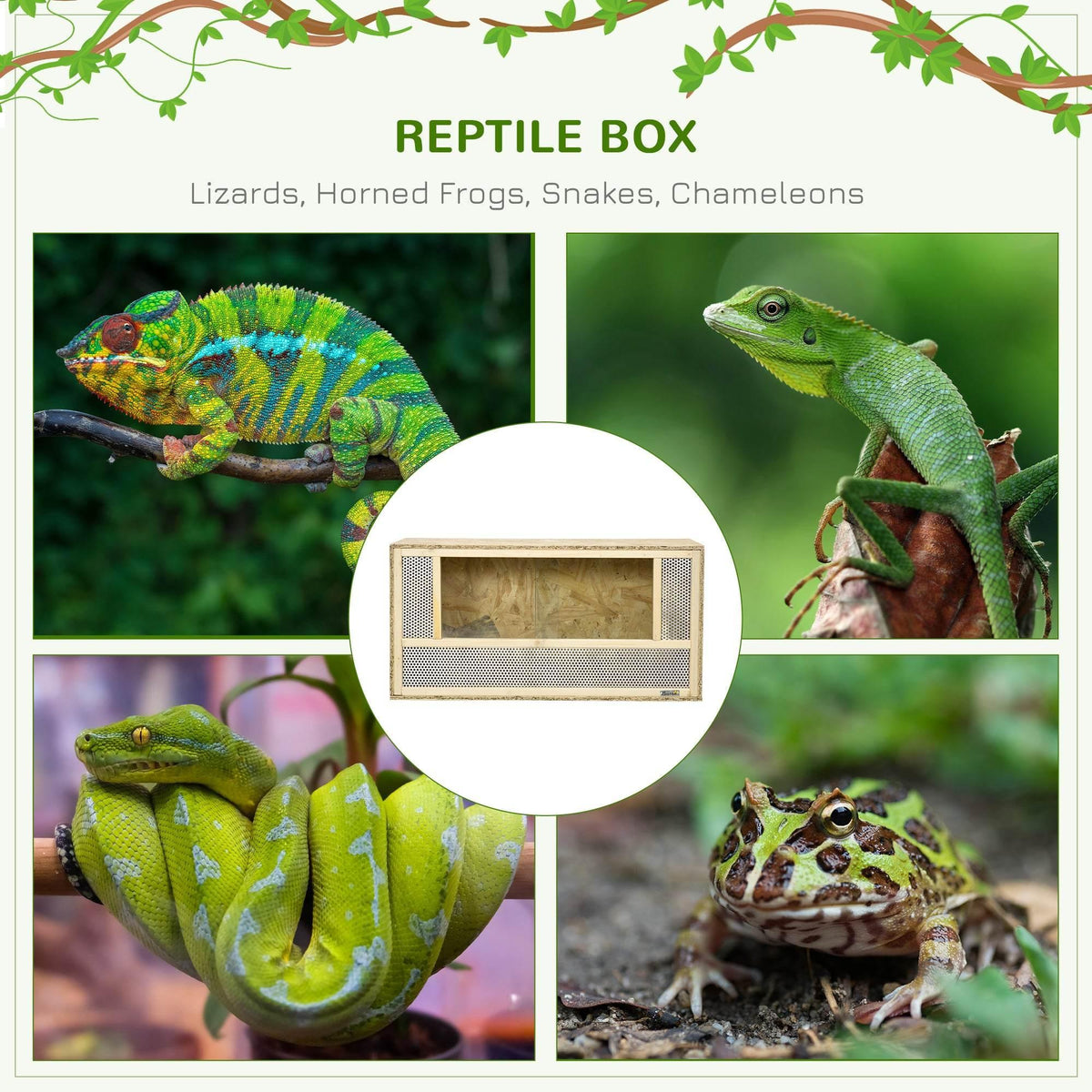 Wooden reptile habitat with front window section and mesh side panels in a circular inset