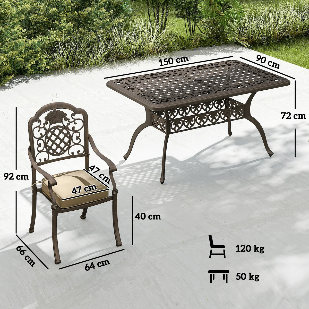 Bronze cast aluminum dining table top with umbrella hole and decorative lattice base