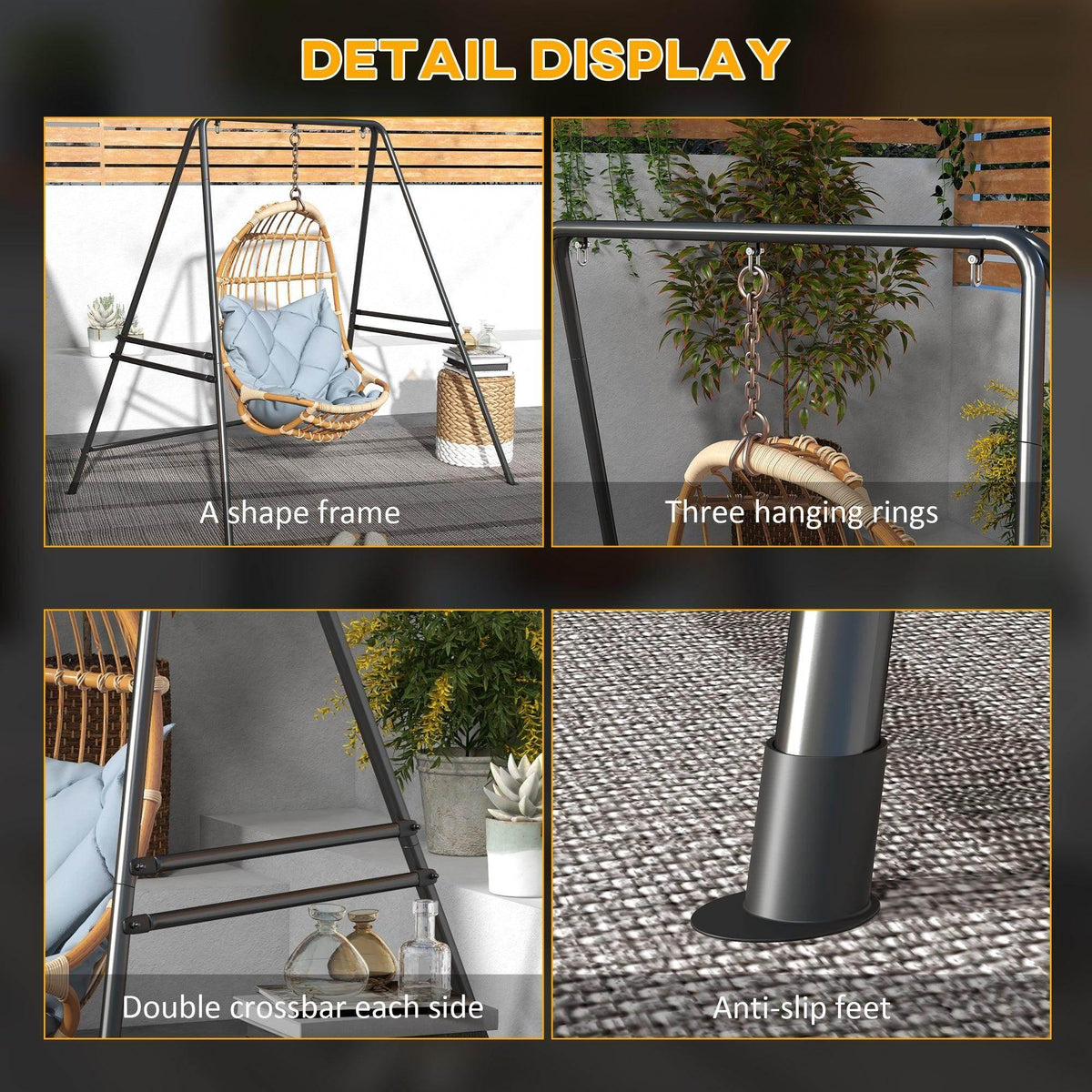 Black metal stand with three hanging rings, double crossbar, and anti-slip feet