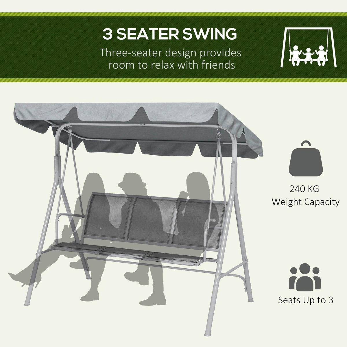 Light gray 3-seat outdoor swing chair with fabric canopy, curved sling seat and frame