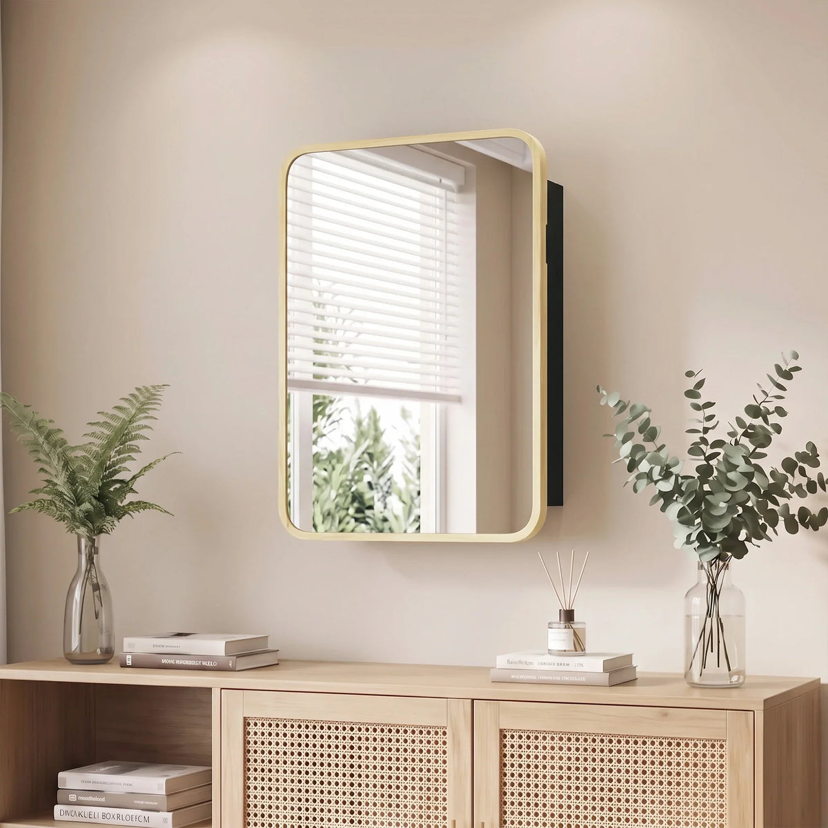 Wall-mounted medicine cabinet with square mirror and natural wood frame
