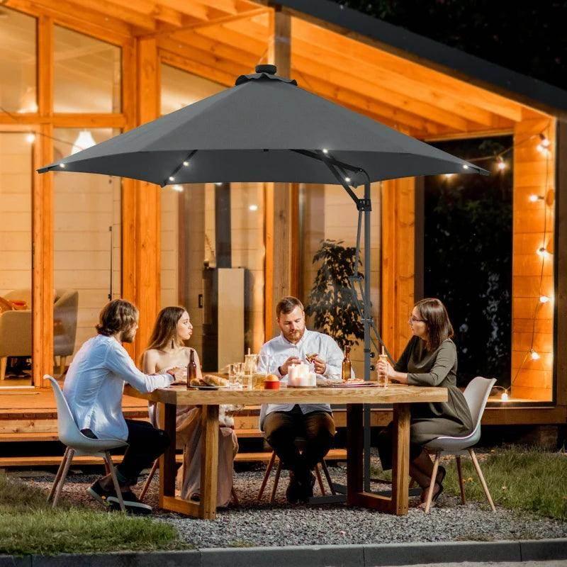 Dark grey cantilever garden umbrella with solar LED lighting and cross base