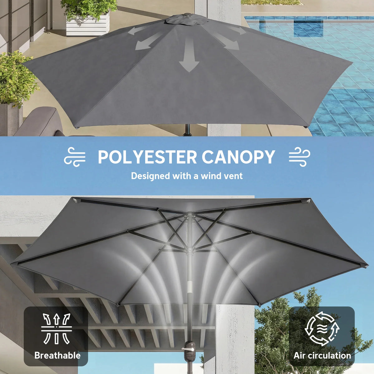 Grey polyester canopy patio umbrella with wind vent and crisscross frame