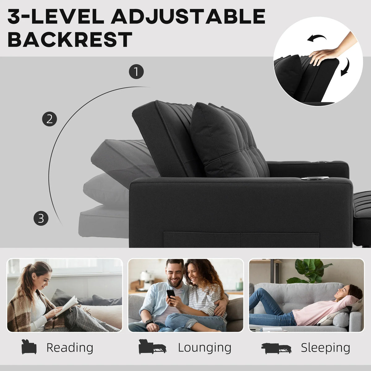 Black sofa bed with adjustable backrest and padded seat cushions