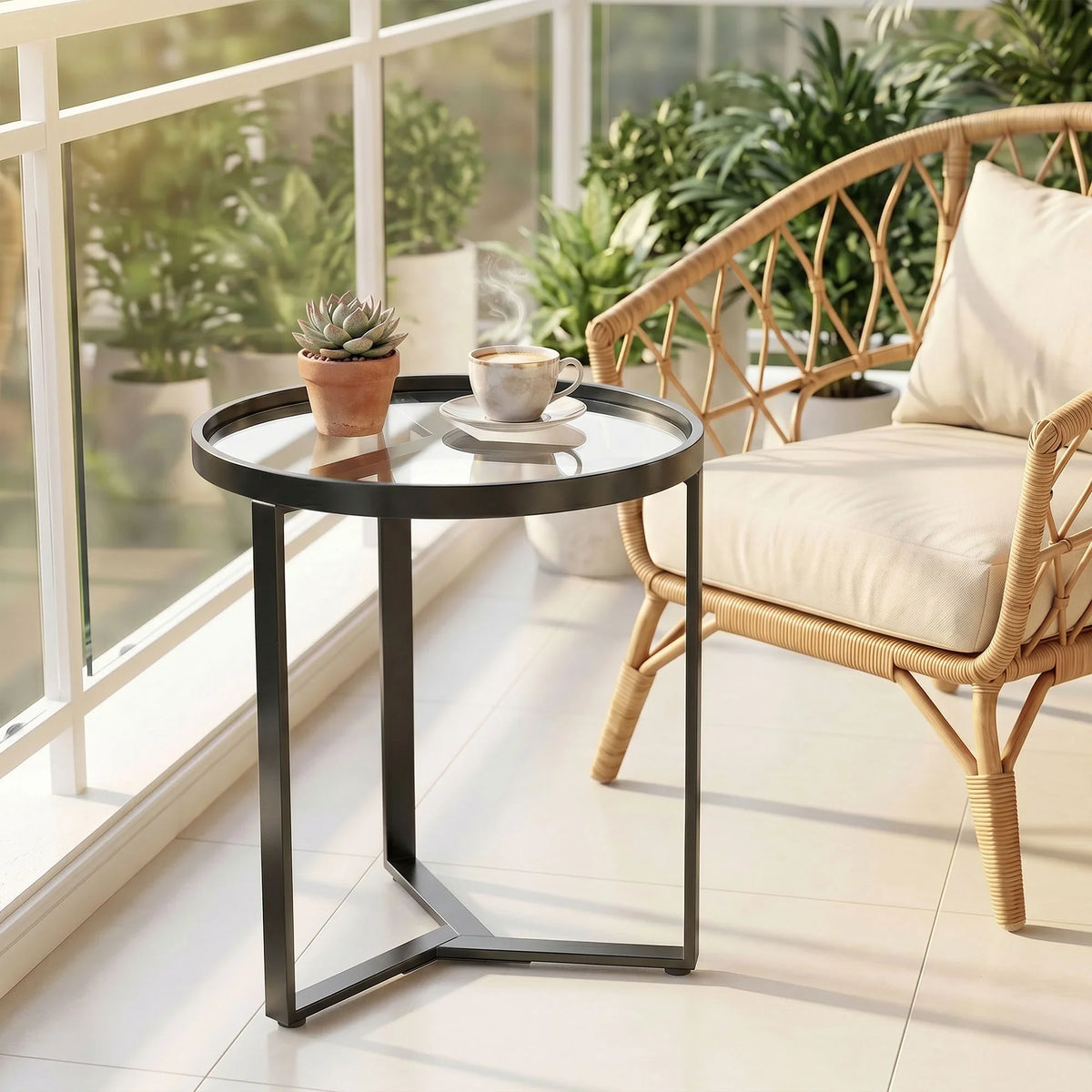 Black round side table with clear glass top and geometric metal base near windows