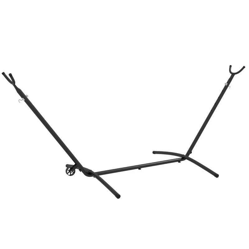 Black hammock stand frame with two support legs and wheel bases