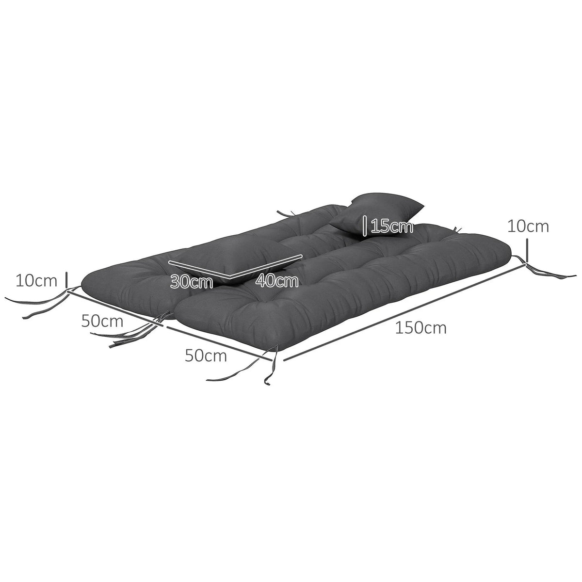 Charcoal grey tufted seat cushion with two attached side pillows, ties included