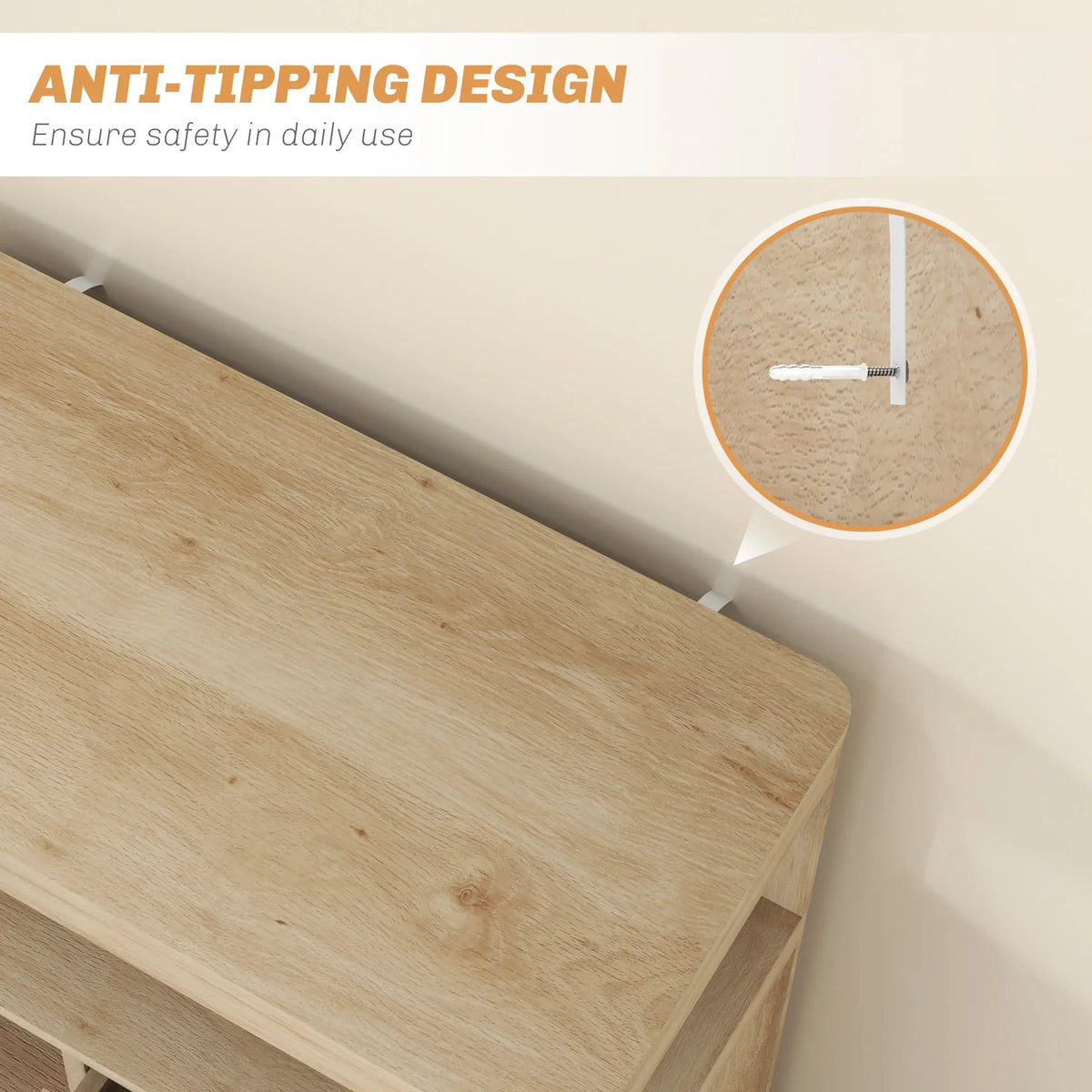 Light wood sideboard corner with anti-tipping strap for secure placement