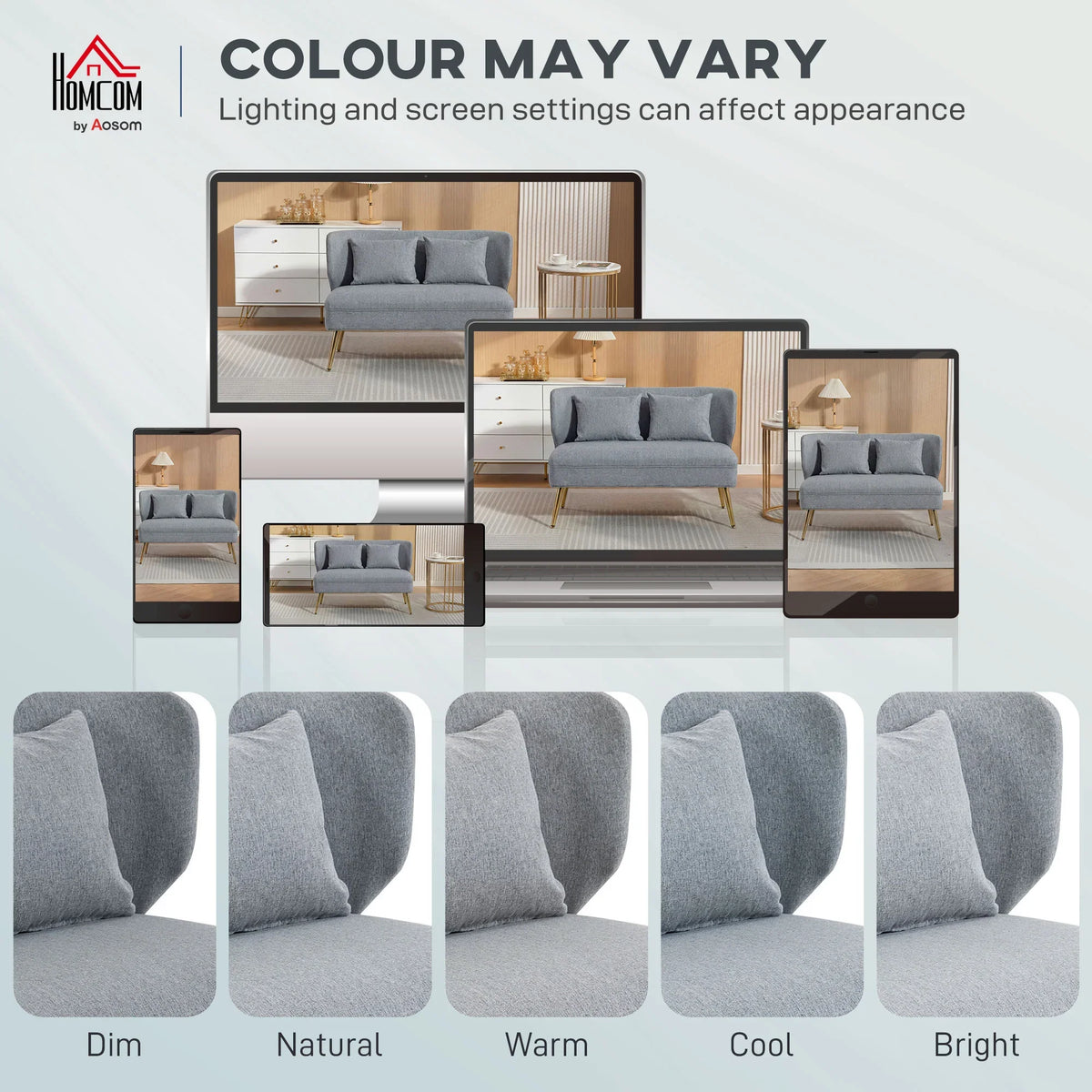 Light grey 2 seater sofa shown with fabric color variation swatches