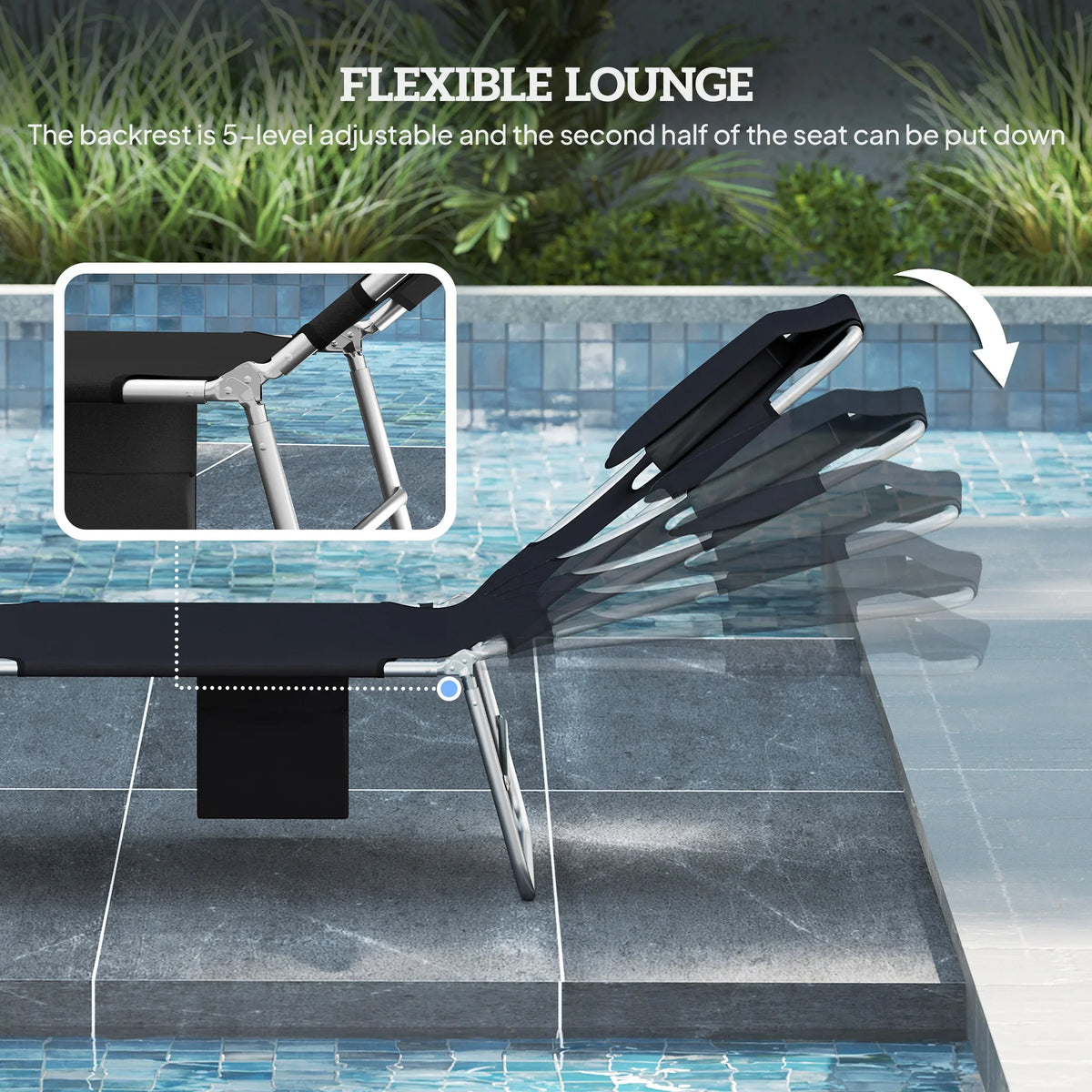Black 5-position adjustable sun lounger showing reclining back and leg support mechanisms