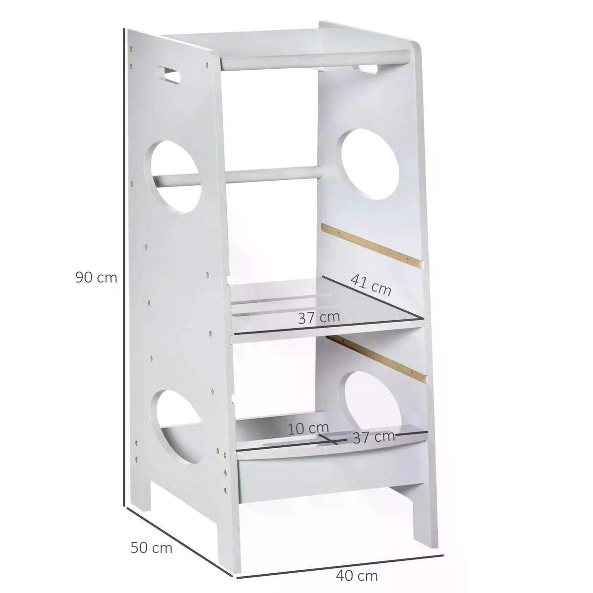 White kids step stool with two tiers, safety rails, and circular handholds