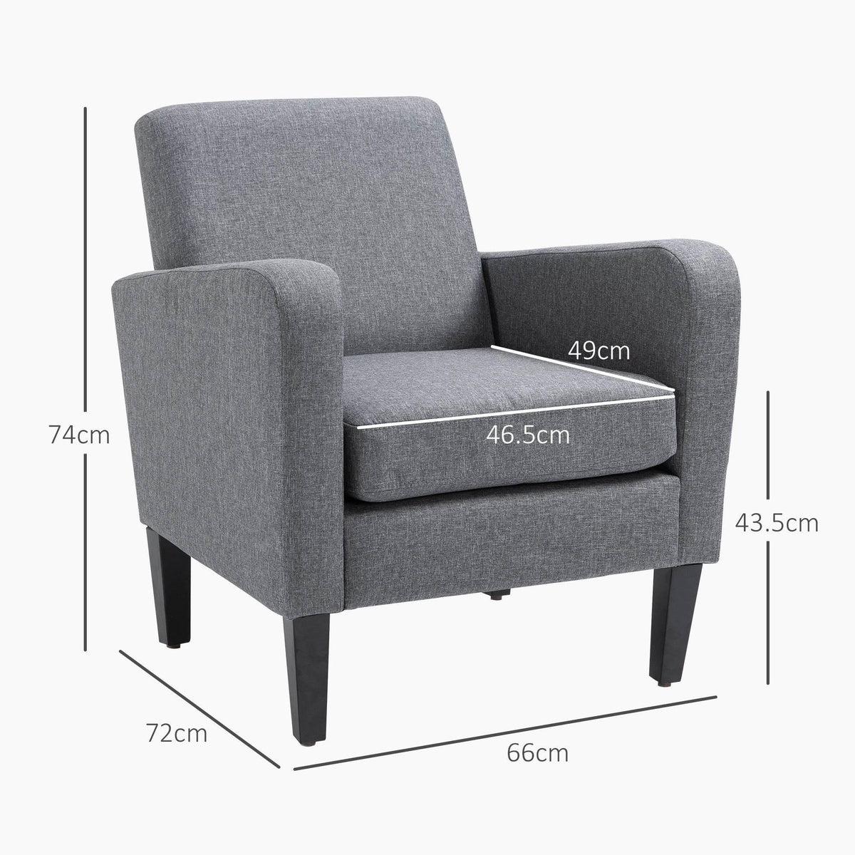 Grey fabric upholstered armchair with sloped arms, thick seat cushion, and dark wooden legs
