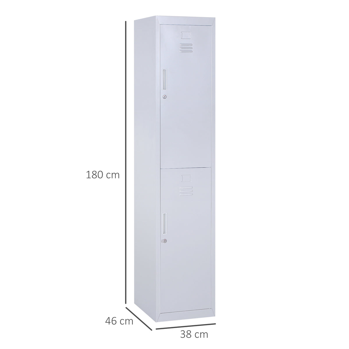 Grey vertical locker cabinet in cold rolled steel, front view with size markers