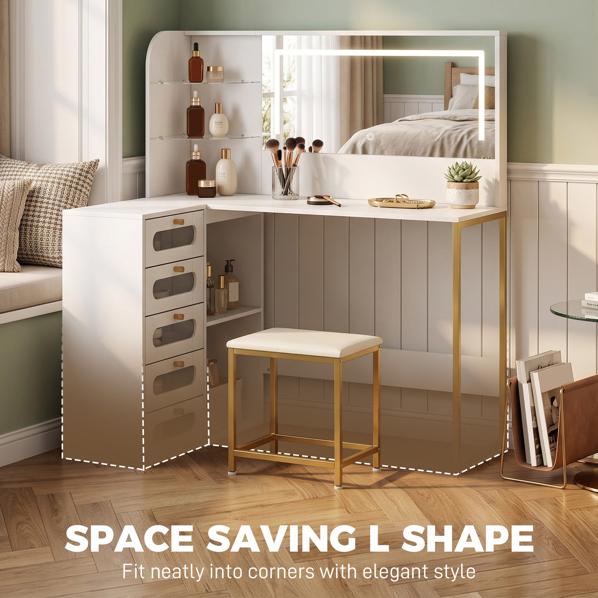 White L-shaped vanity dressing table with LED mirror and cushioned stool seat