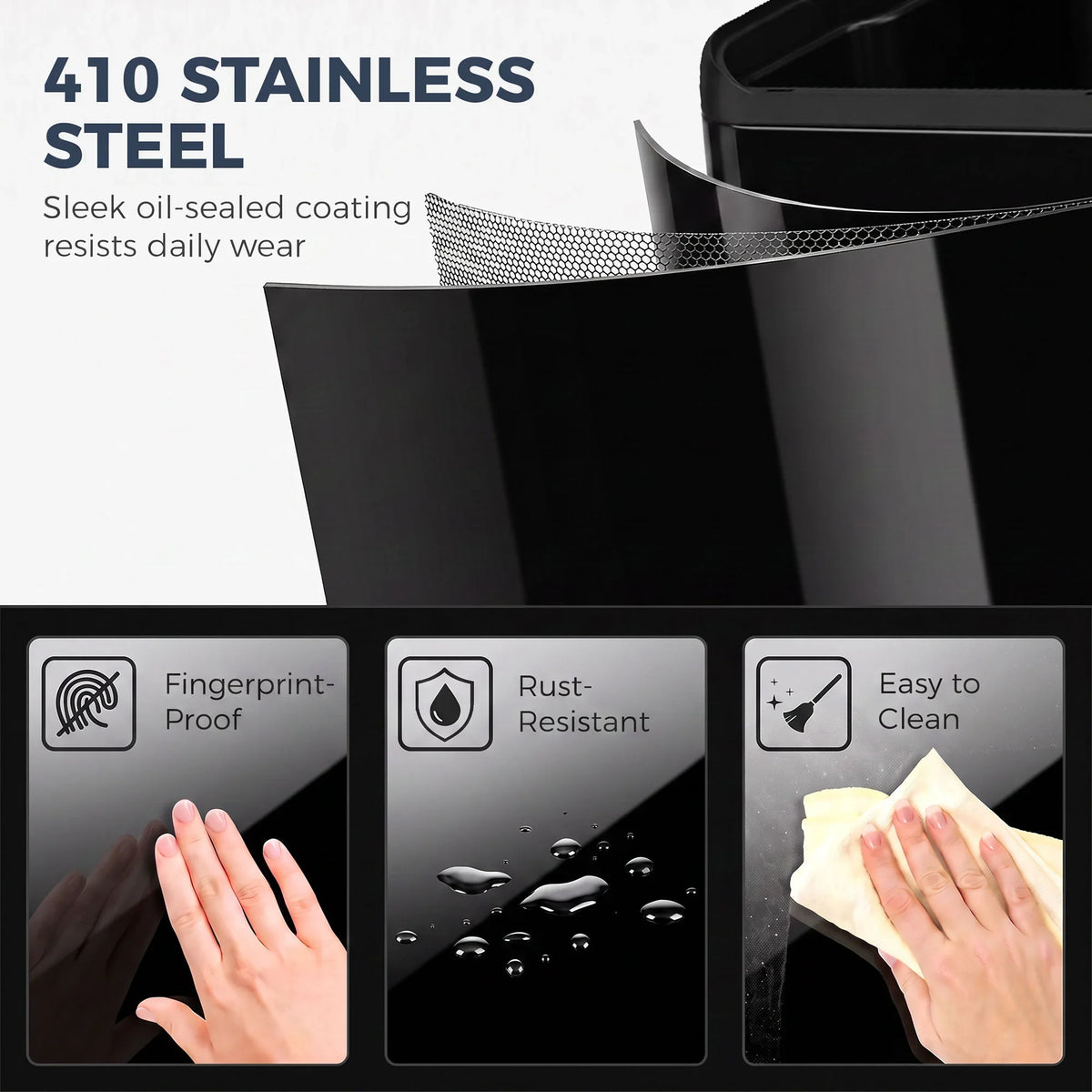 Black waste bin with stainless-steel inner lining and fingerprint-resistant look, close-up