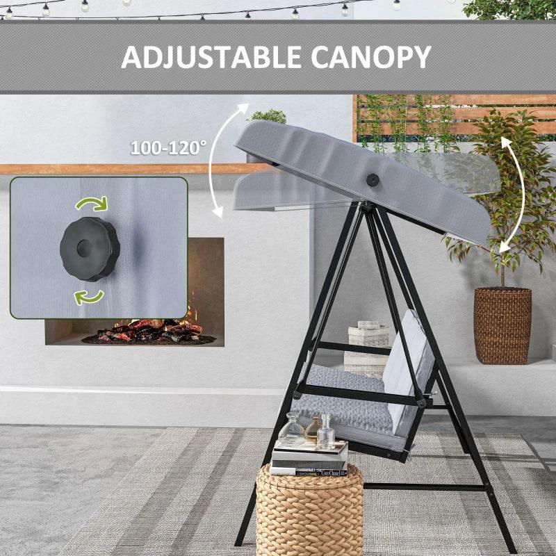 Grey adjustable canopy swing bench with padded cushions, outdoor setting