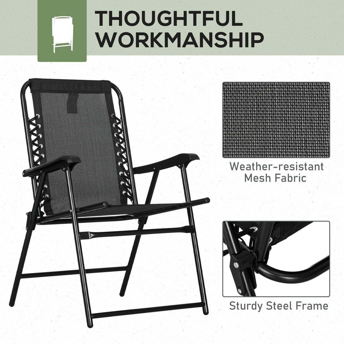Black folding patio chair with weather-resistant mesh fabric and sturdy steel frame