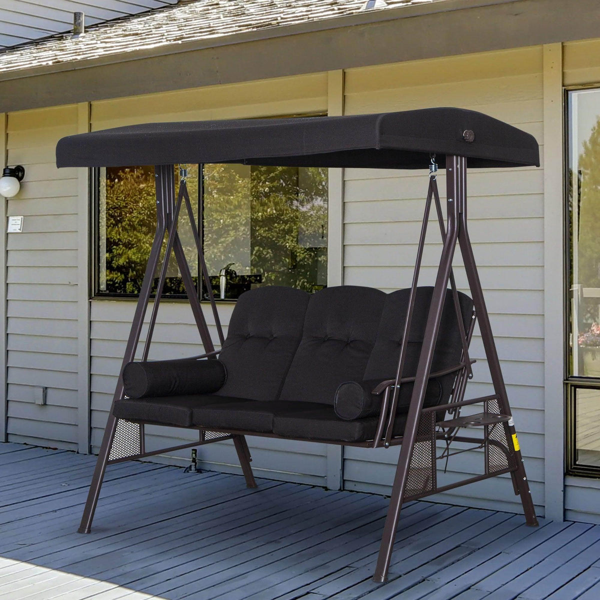 Black 3-seat garden swing bench with canopy and padded seat cushions