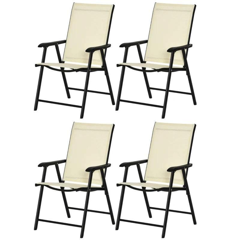 Four beige folding garden armchairs with black frames and mesh seat backs
