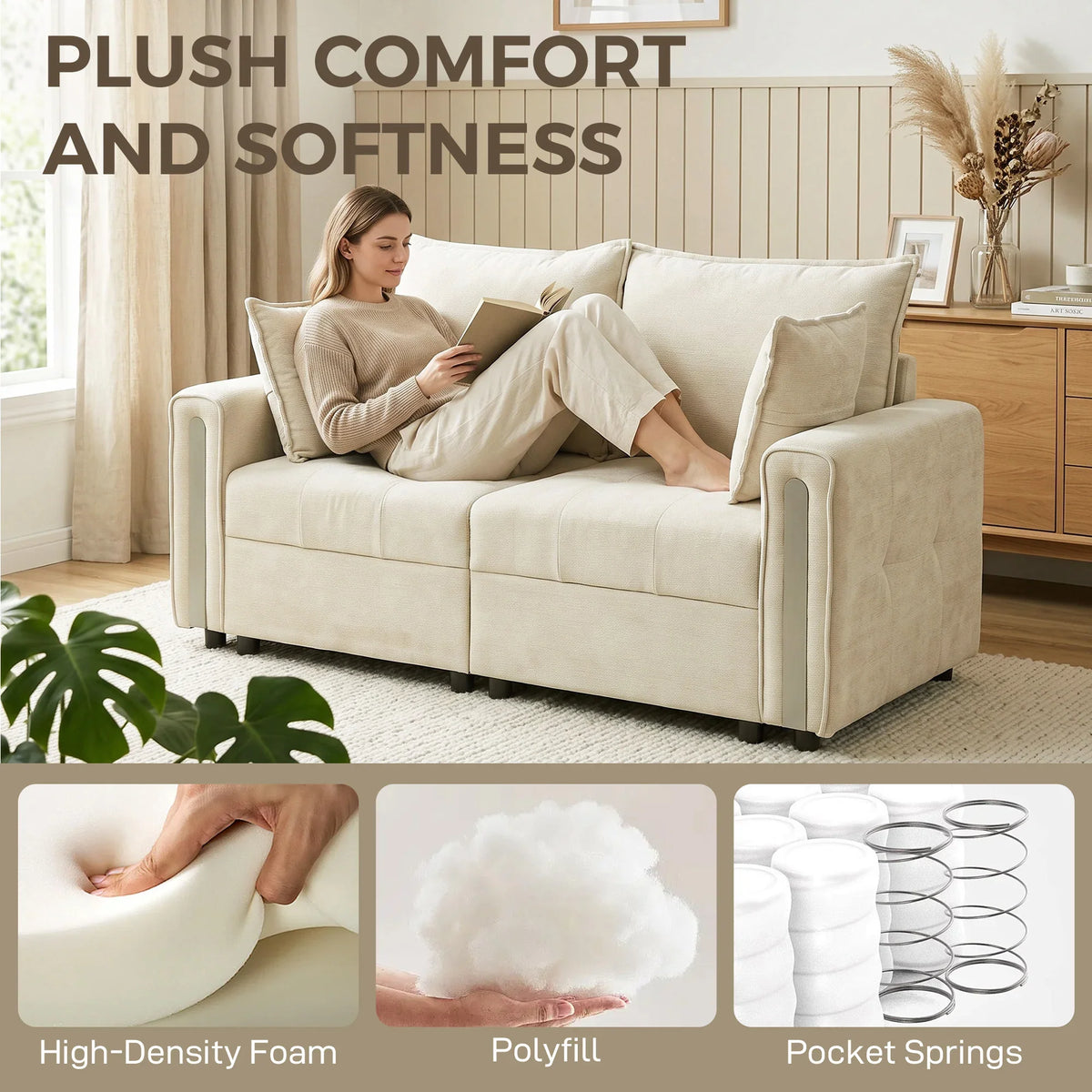 Beige velvet 2-seater loveseat with deep seats, padded arms, and plush cushioning.